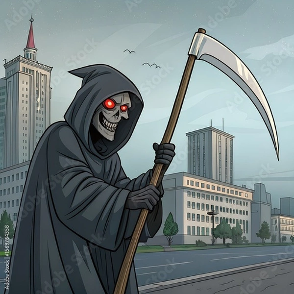 Fototapeta A cartoon grim reaper stands on a city street. The figure wears a dark hooded cloak and has glowing red eyes, holding a large scythe. Skyscrapers are in the background.