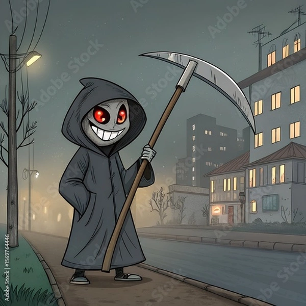 Fototapeta A cartoon character dressed in a dark hooded robe stands on a street at night. The character has a mischievous smile and holds a large scythe. City buildings are in the background.