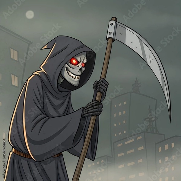 Fototapeta A cartoon grim reaper character stands in a cityscape at night. The figure has a skeletal face, glowing red eyes, and holds a large scythe. Buildings are visible in the background.