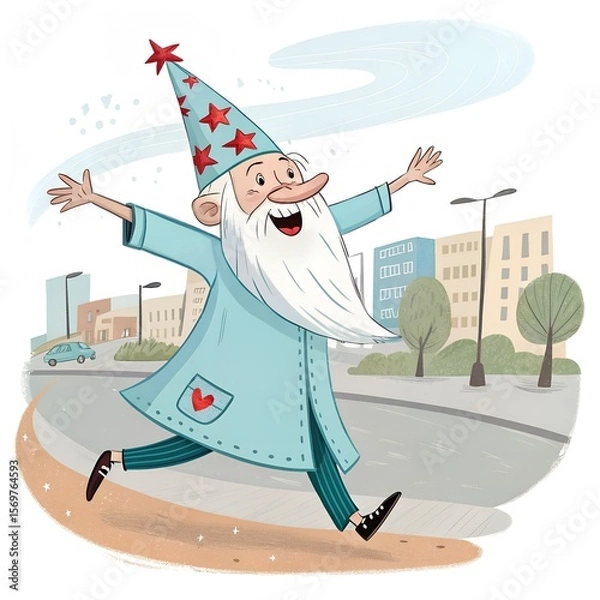 Fototapeta A cheerful elderly man with a long white beard and a blue wizard hat adorned with red stars. He wears a blue coat and walks joyfully on a city street.