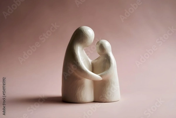 Fototapeta Abstract wooden sculpture of two figures embracing, minimalist art piece showing love and connection, handcrafted home decor on a neutral background