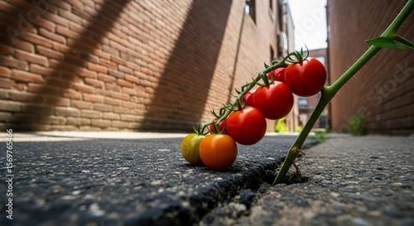 Fototapeta Tomato Plant Sprouts Through Asphalt Crack in Urban Alleyway, Symbolizing Resilience