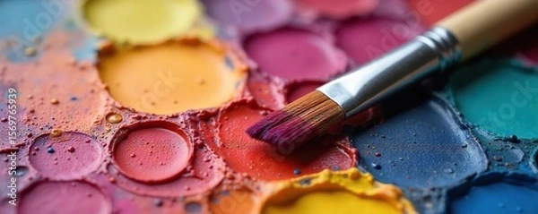 Fototapeta Artists Paintbrush on Vibrant Palette Ready for Painting in Creative Studio