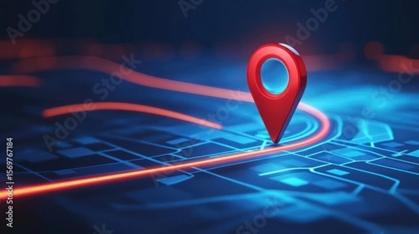 Obraz Digital map with glowing route and red marker
