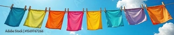 Fototapeta Colorful Clothes Drying on Rustic Wooden Clothesline on a Bright Summer Day