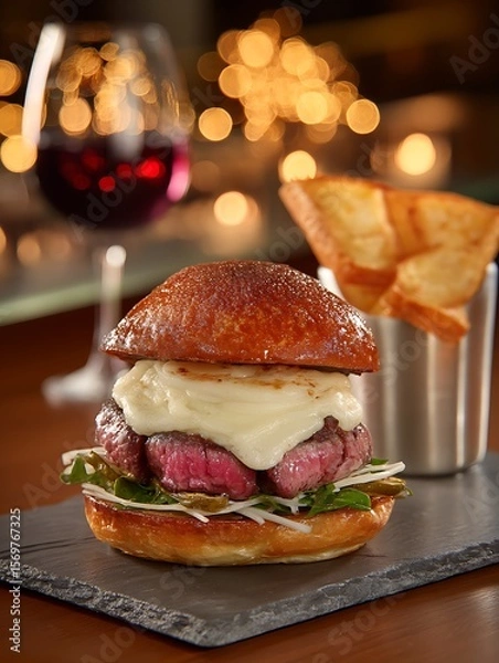 Fototapeta Gourmet Steak Burger with Melted Cheese and Wine in a Classy Setting