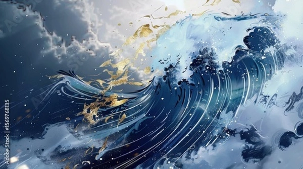 Obraz Abstract ocean waves with gold accents and swirling blue patterns