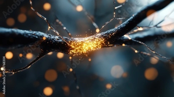 Obraz Close-up of glowing neural connections with sparkling highlights