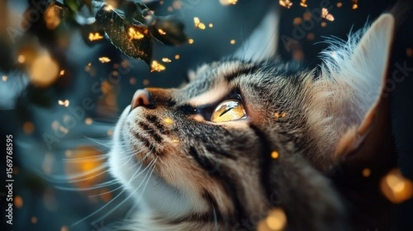 Obraz Dreamy cat gazing at glowing fireflies amid nighttime enchantment