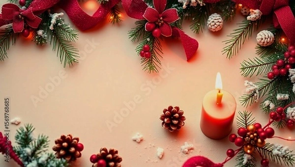 Obraz "Christmas Holiday Background with Red Candle, Pine Cones, Berries, and Festive Decorations"