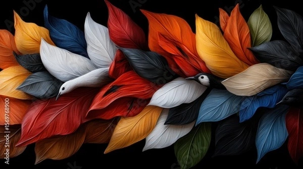Obraz Colorful leaves and birds blending into vibrant patterns