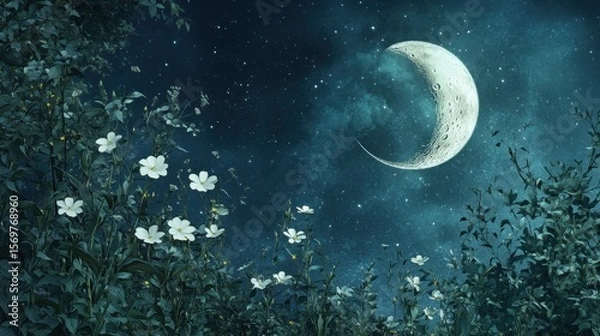 Obraz Serene night sky with crescent moon and white flowers in starry garden