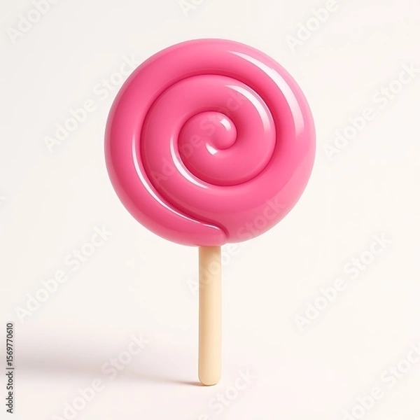 Fototapeta Glossy pink swirl lollipop on a stick isolated on white background