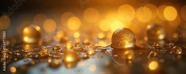Fototapeta Cascading Golden Tears A Surreal, Ethereal Image of Glistening Droplets Reflecting Light on a Smooth Surface, Perfect for Fantasy, Mythology, and Magical Designs