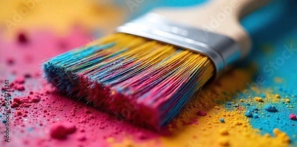 Fototapeta Vibrant Multicolored Paint on Artists Brush, Ready for Application. Close-up Detail of Bristles Showcasing Texture and Color. Ideal for Painting, Art, and DIY Projects.