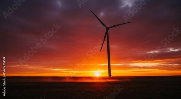 Fototapeta Wind Turbine Silhouette Against Fiery Sunset Sky, Renewable Energy Landscape