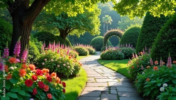 Fototapeta Tranquil Garden Path Sun-Dappled Stone Pathway Winding Through Lush Greenery and Vibrant Flowers to a Peaceful Seating Area