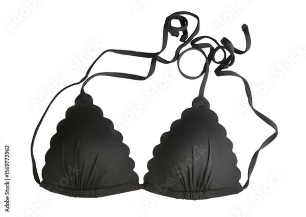 Fototapeta Black bikini top with scalloped edge and adjustable ties isolated on white background.