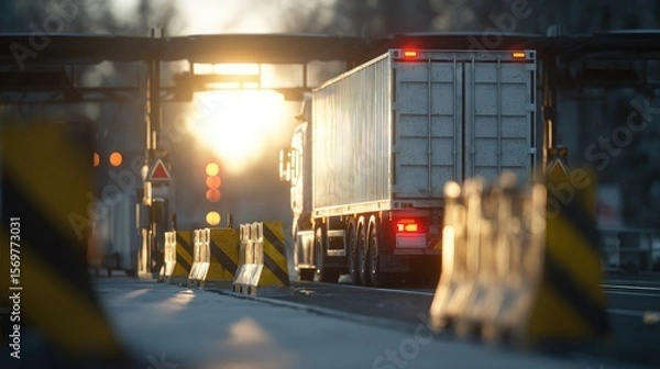 Fototapeta Cargo truck waiting at border checkpoint with barriers and warning signs