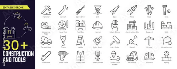 Obraz Construction and Tools Stroke icon collections. Containing Power Tools, Worker, Blueprint, Construction, Screwdriver, and Cement Mixer icons. Editable Stroke icon collection Outline icon
