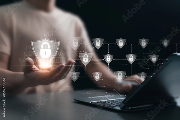 Fototapeta Cybersecurity concept, secure storage of large data files with modern infrastructure through systematic management system, automatic protection system and advanced protection of computer technology.