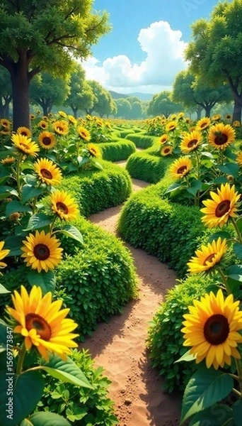 Fototapeta Sunflowers Maze A Whimsical Summer Adventure.  Bright yellow blooms and lush greenery create a playful, winding path perfect for a cheerful family outing or botanical garden exploration.