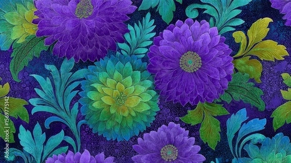 Fototapeta Vibrant floral pattern with large blooming purple flowers, gradient petals transitioning to turquoise-green, detailed yellow and green centers, 