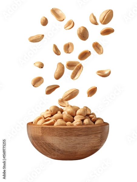 Obraz Peeled peanuts  falling into a wooden_bowl_on transparent background

