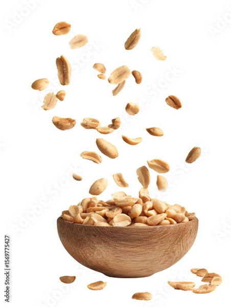 Obraz Peeled peanuts  falling into a wooden_bowl_on transparent background

