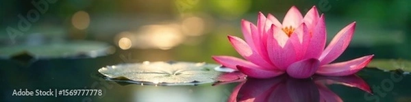 Fototapeta Serene Pink Water Lily Blossom Floating on Tranquil Pond Surface, Sunlight Reflecting, Vibrant Colors, Beautiful Botanical Image