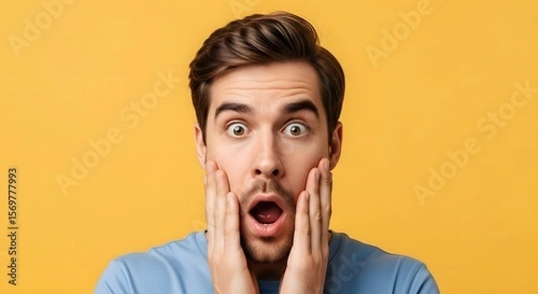 Obraz Astonished Man Expressing Surprise with Open Mouth and Wide Eyes on Bright Yellow Background