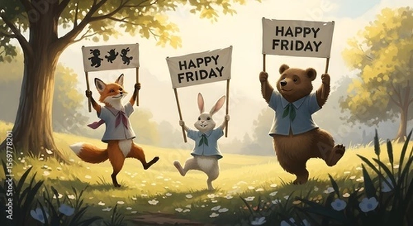 Obraz Cheerful Woodland Animals Celebrating Happy Friday in a Sun-Drenched Meadow A Whimsical Scene