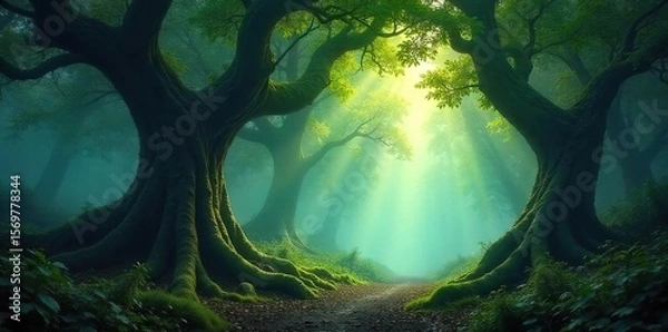 Fototapeta Mystical Sunlight Filtering Through Ancient Gnarled Trees in a Misty Forest, Perfect for Fantasy and Fairytale Themes
