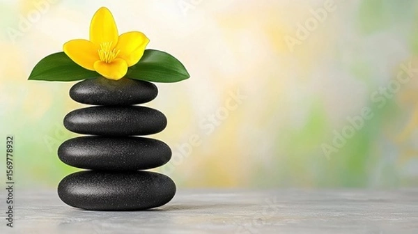 Fototapeta Serene Stack of Black Stones and Yellow Flower on Pastel Background