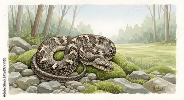 Obraz Detailed illustration of a coiled timber rattlesnake basking on mossy rocks, set against a serene forest backdrop showcasing wildlife and nature.
