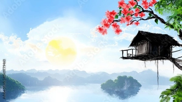 Fototapeta Serene Sunrise Over Misty Mountains Small House in Tree, Red Flowers