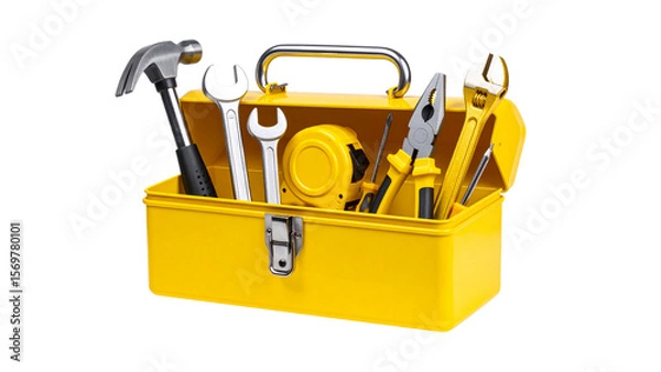 Obraz Metal toolbox displaying professional-grade hand tools - hammer, wrenches, pliers, screwdriver, tape measure - against transparent backdrop