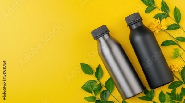 Fototapeta Silver and Black Water Bottles on Yellow Background with Green Leaves and Yellow Flowers