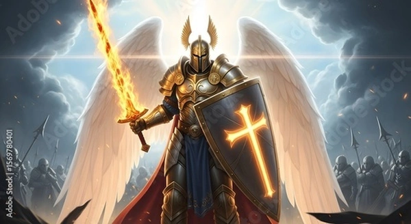Obraz Golden Angelic Warrior with Sword and Shield Amidst a Stormy Sky and Distant Army