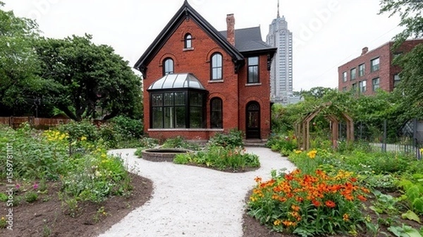Fototapeta Red Brick House with Vibrant Flower Garden and Gravel Path