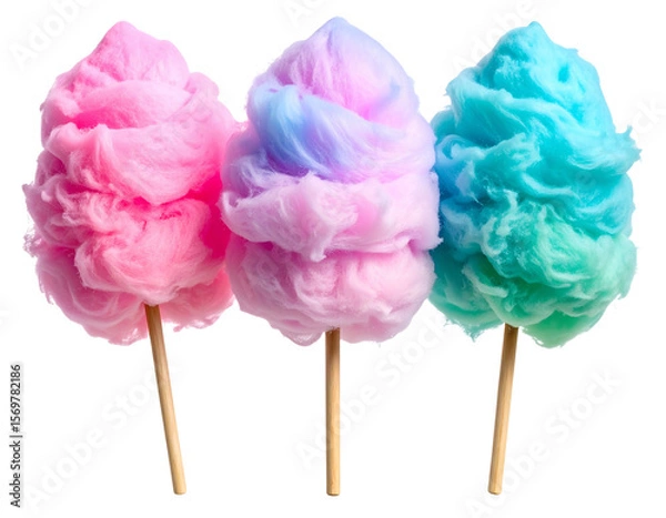 Fototapeta Close-Up of Three Cotton Candy Puffs in Vibrant Neon Colors on Sticks, Isolated on Transparent Background