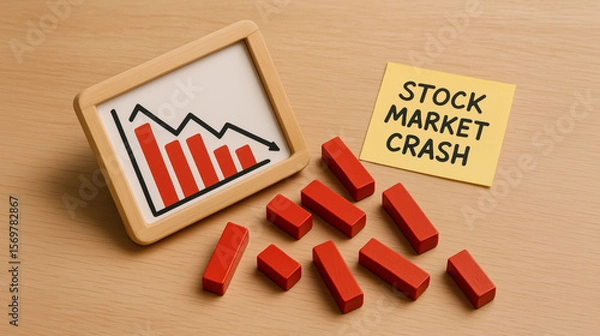 Fototapeta stock market crash warning with falling red graph blocks illustrating financial collapse economic downturn investor panic trading losses and business risk