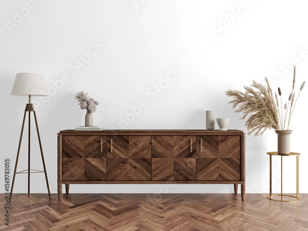 Fototapeta Dark Wood Cabinet Interior PNG Cutout with Herringbone Floor and Pampas Flower Decor with Cast Shadow – Transparent Wall Mockup with Realistic Shadows – 3D render
