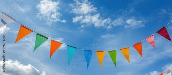 Obraz Colorful triangular flags strung against a bright blue sky with puffy white clouds