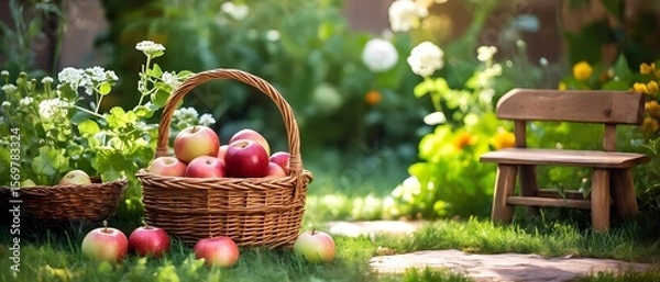 Fototapeta Fresh red apples in big wicker basket on the ground in garden next to small wooden bench in sunny August day.