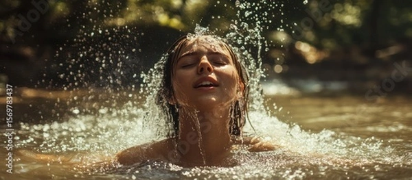 Obraz Woman in a natural pool, splashing water on her face