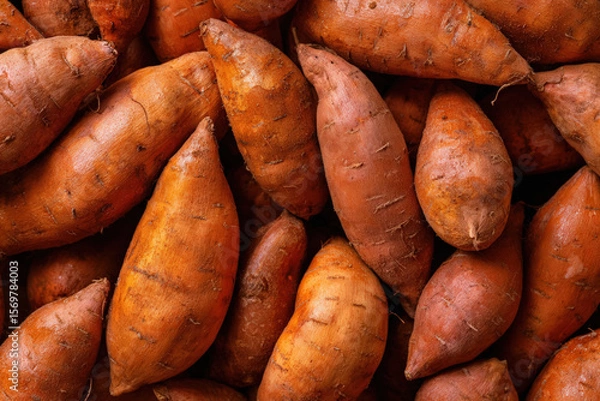 Fototapeta A pile of fresh sweet potatoes are ready for harvest