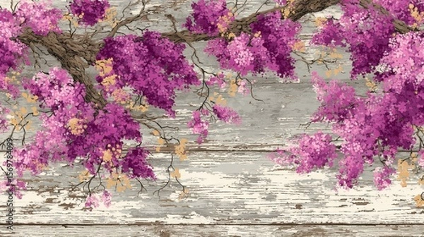 Fototapeta Vibrant illustration of gnarled brown tree branches adorned with cascading clusters of blooming pink and purple flowers, accented by yellow blossoms, 
