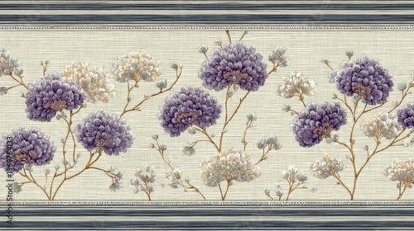Fototapeta Elegant floral-themed pattern with large purple blooms, golden accents, white clusters, and light beige textured background, ideal for interior decor.