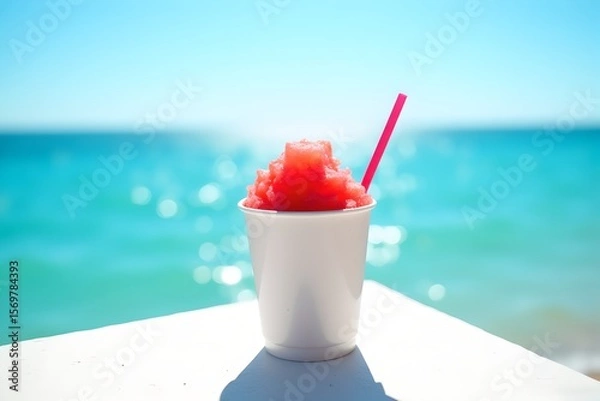 Fototapeta Strawberry shaved ice dessert in white cup at seaside café terrace with ocean view and blue sky in summer